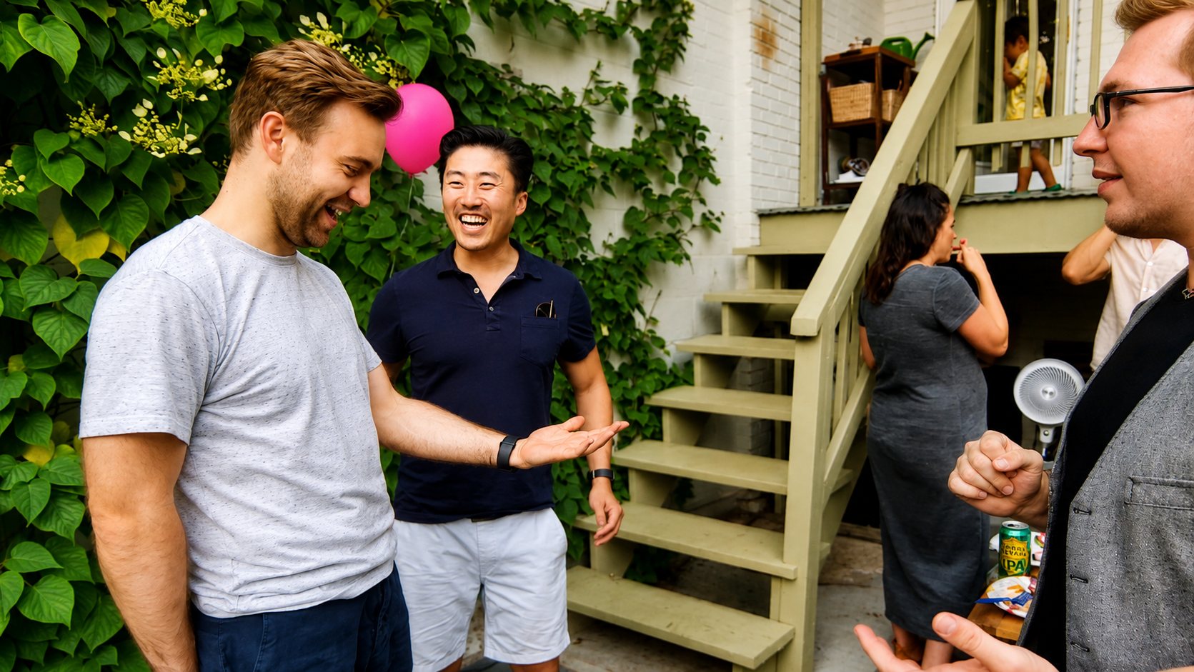 Two friends laugh together during Tyler's close-up magic at a backyard party